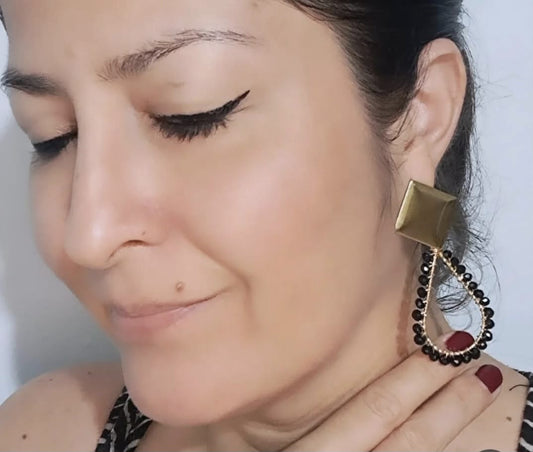 Aretes Vida – Murano Negro & Acero Tejido